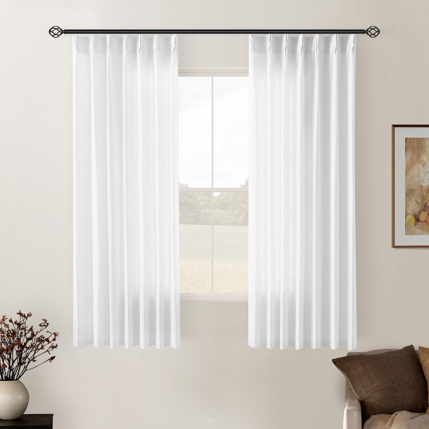 Snow White Pinch Pleated Linen Curtains for Living Room 40x54