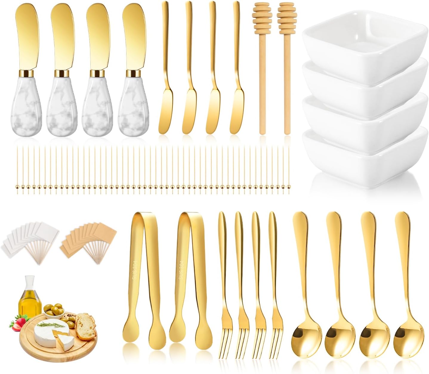 Charcuterie Board Accessories Set with Ceramic Dip Bowls and More