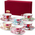 Brew To A Tea Floral Tea Cup Set of 6, 8oz Porcelain Cups