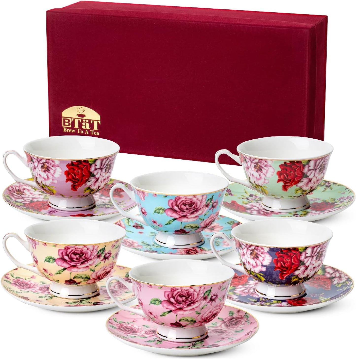 Brew To A Tea Floral Tea Cup Set of 6, 8oz Porcelain Cups