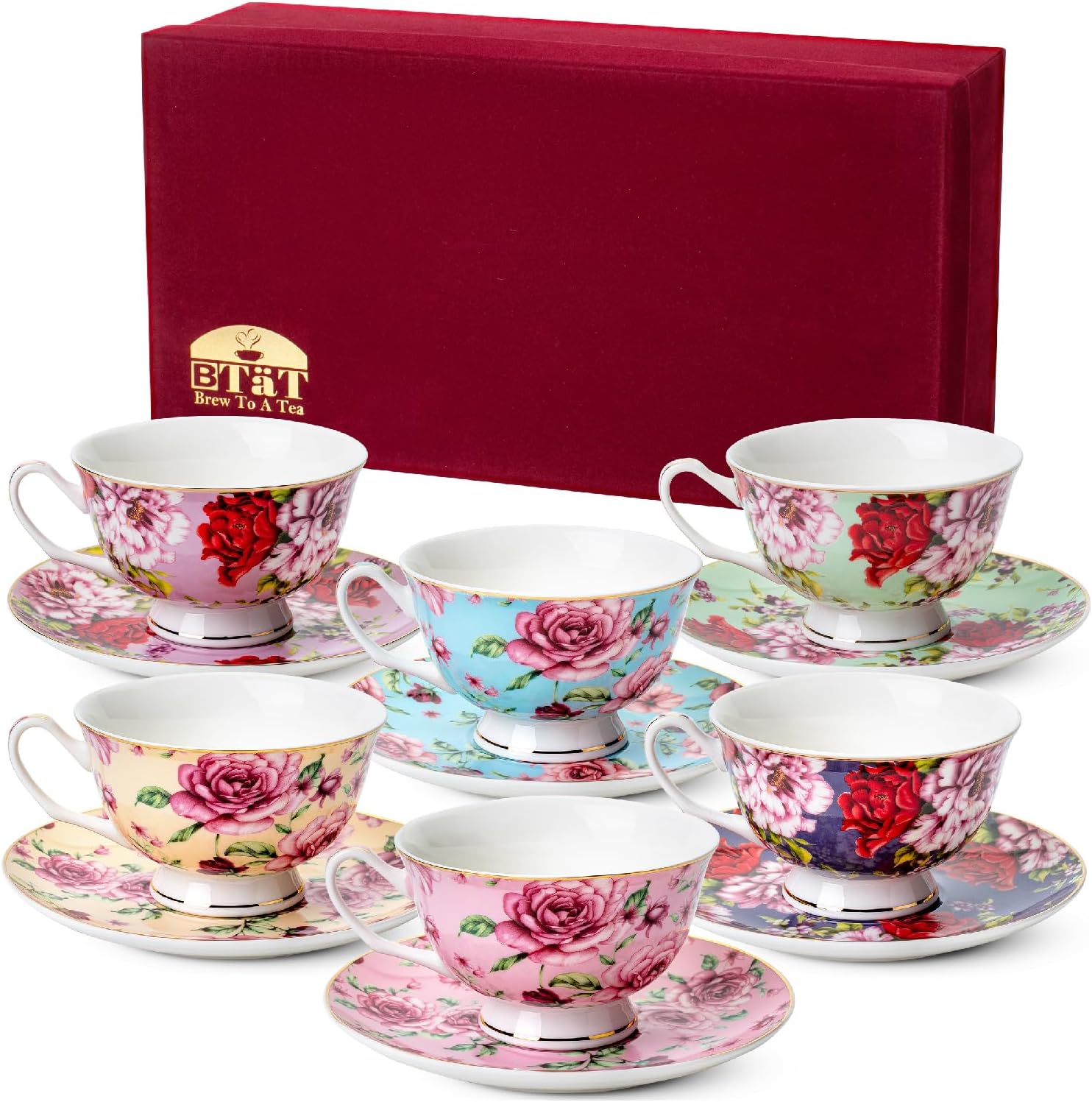 Brew To A Tea Floral Tea Cup Set of 6, 8oz Porcelain Cups