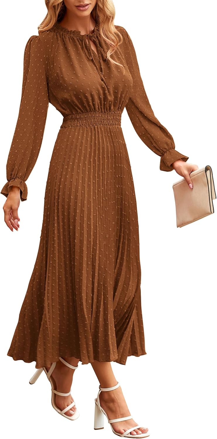 PRETTYGARDEN Women's Midi Dress: Elegant Swiss Dot Flowy Style