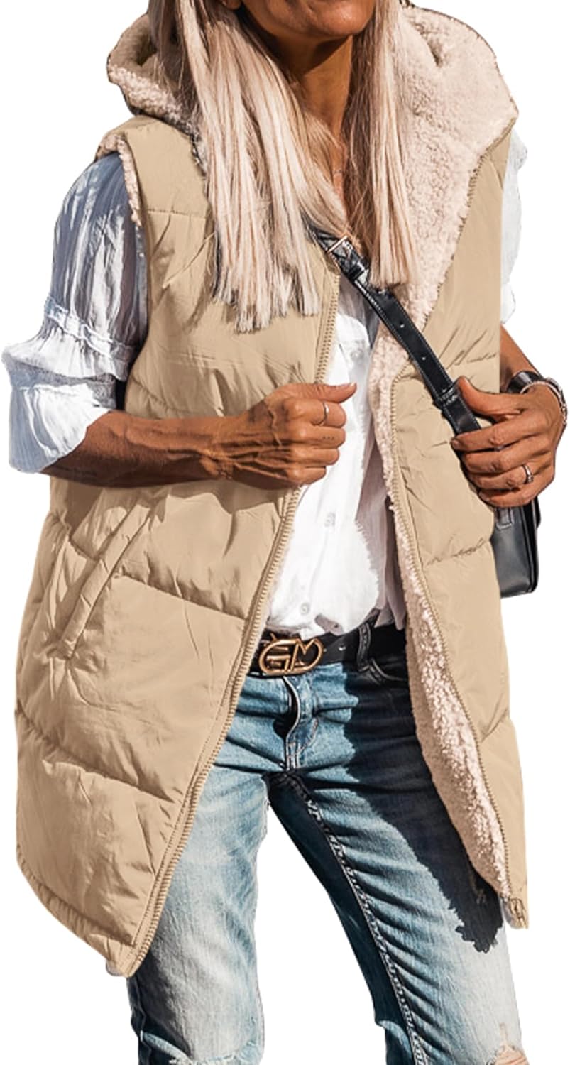 Long Puffer Vest for Women - Reversible Hooded Sherpa Jacket