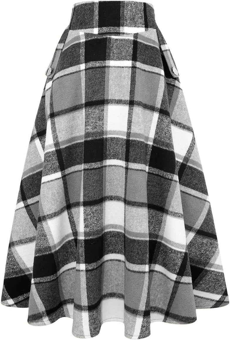 IDEALSANXUN Womens High Waisted Wool Plaid A-line Long Skirt