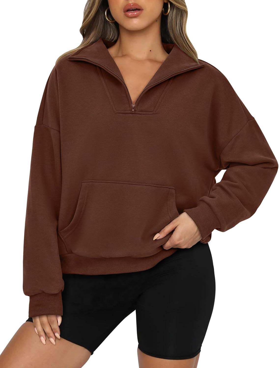 PRETTYGARDEN Womens Quarter Zip Long Sleeve Cropped Sweatshirt