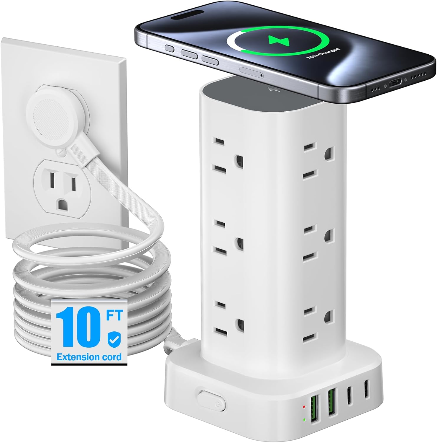 Tower Power Strip with 15W Wireless Charger and USB Ports