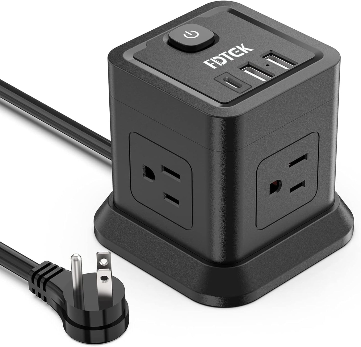 FDTEK Power Strip: 4 AC + 3 USB, Overload Protection, Portable - Black