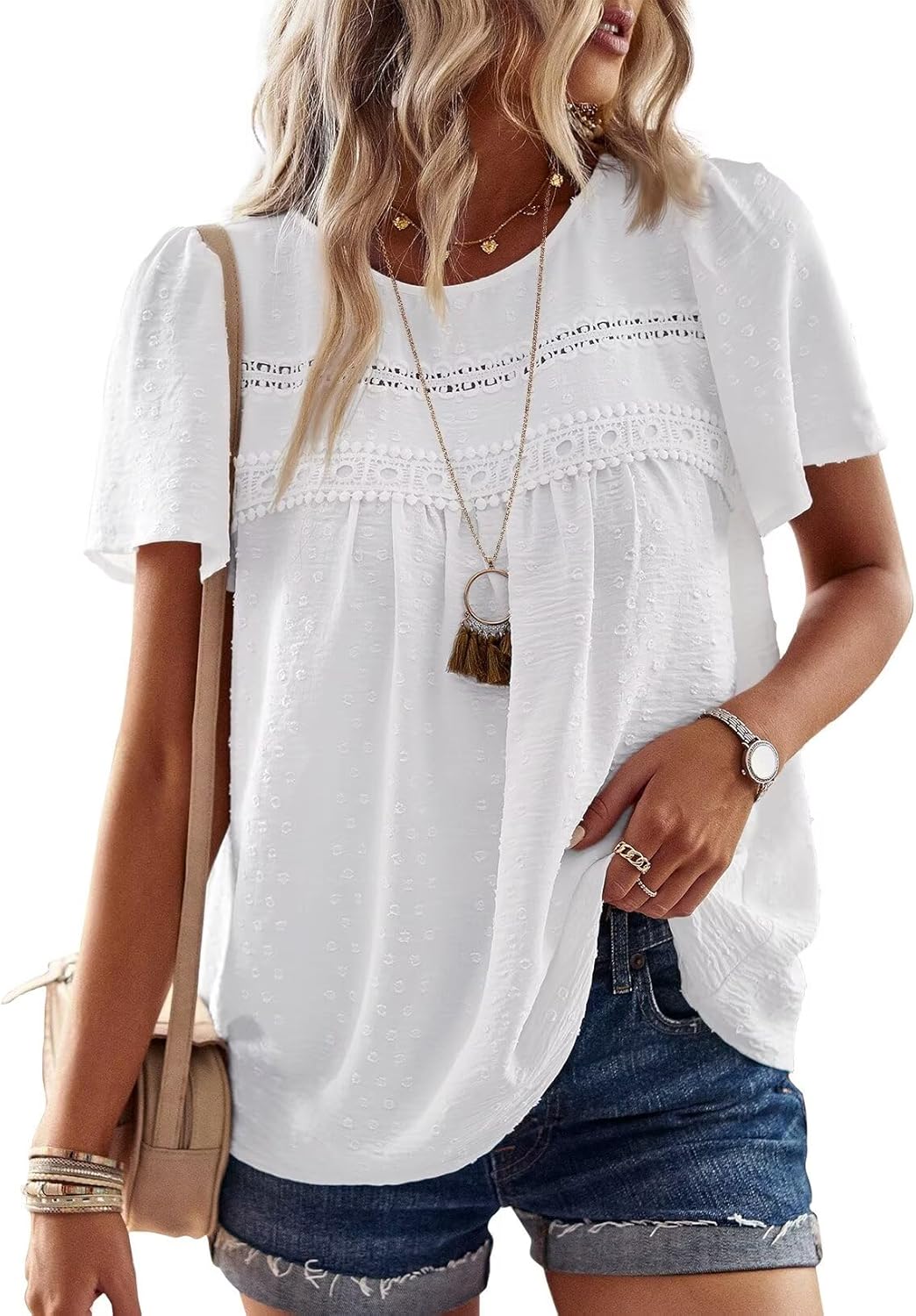 Womens Summer Tops Crewneck Short Sleeve Casual Chiffon Blouses