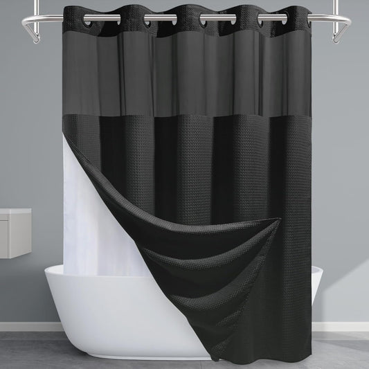 Long No Hook Shower Curtain with Snap in Liner for Bathroom