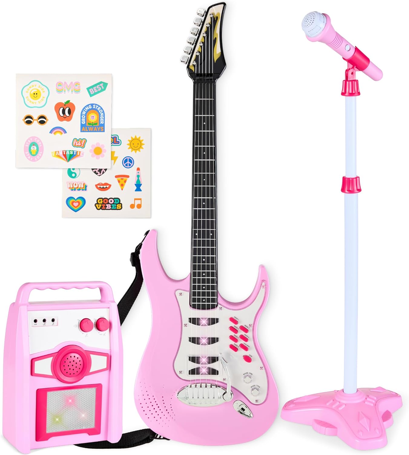 Kids Electric Musical Guitar Set - 6 Demo Songs, Microphone, Whammy Bar - Soft Pink