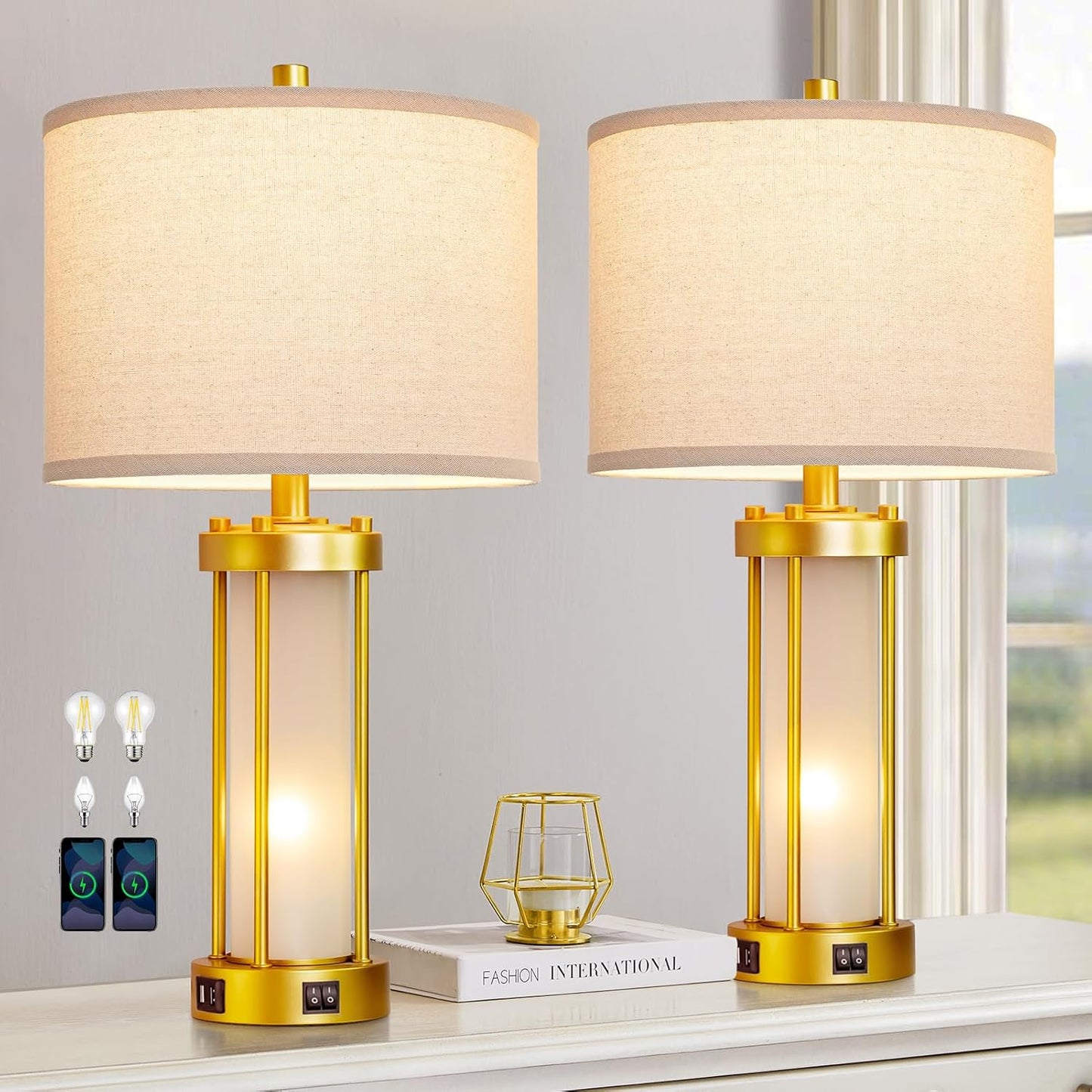 RORIA Modern Table Lamps Set of 2 with USB Ports for Bedrooms