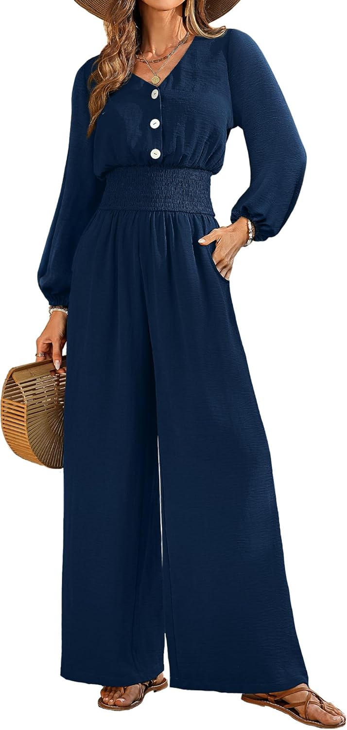 Womens Long Sleeve V Neck Jumpsuit Casual High Waist Romper