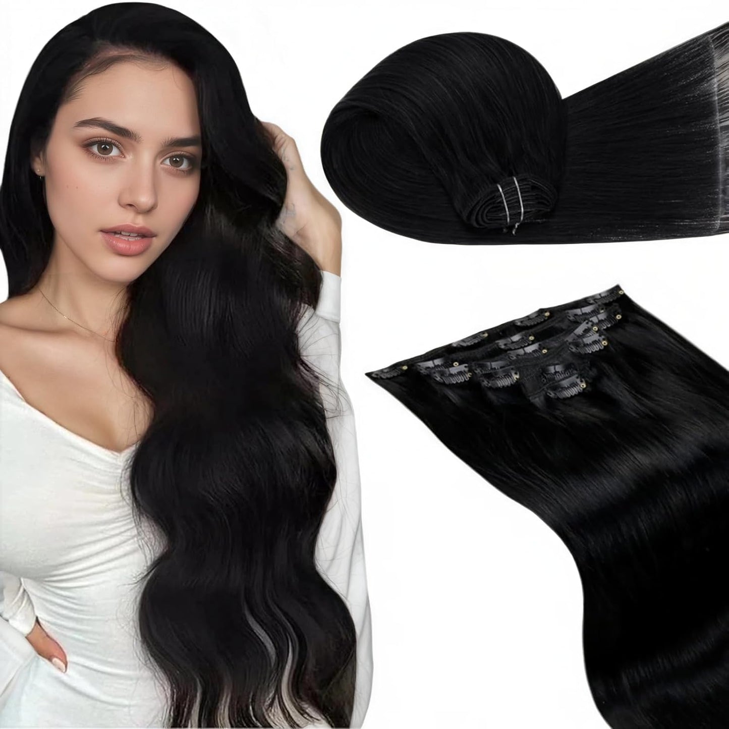 LaaVoo Black Hair Extensions Clip in Real Human Hair 24 Inch