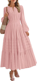 Fall Maxi Dress V Neck Long Sleeve Elastic Waist - Lightweight Comfort