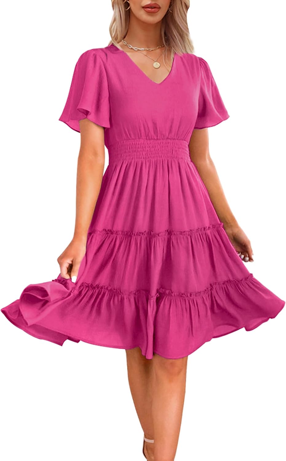 Zattcas Women 2025 Spring Summer Dress V Neck Smocked Waist