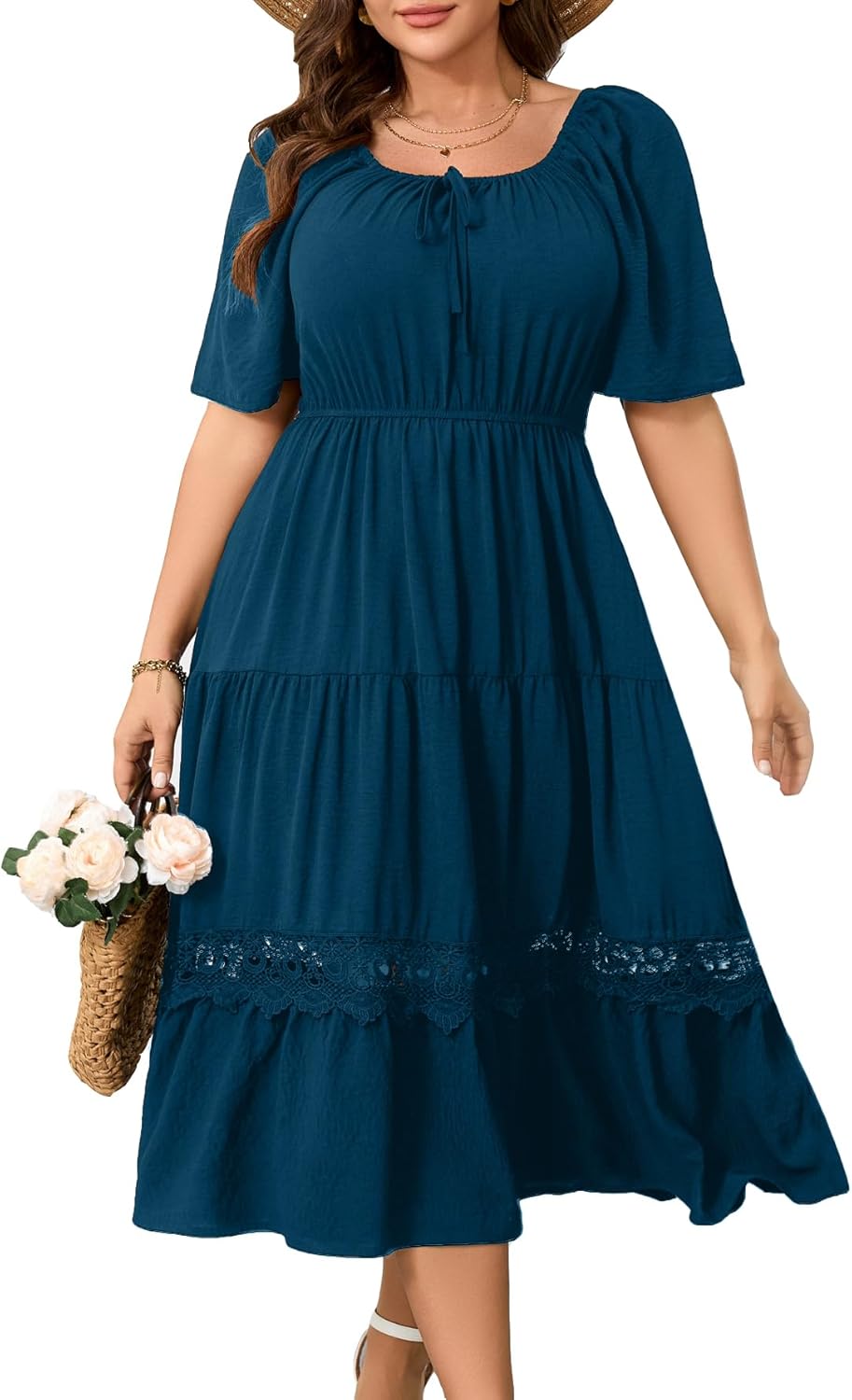 Plus Size Maxi Dress for Women with Square Neck and Lace Trim