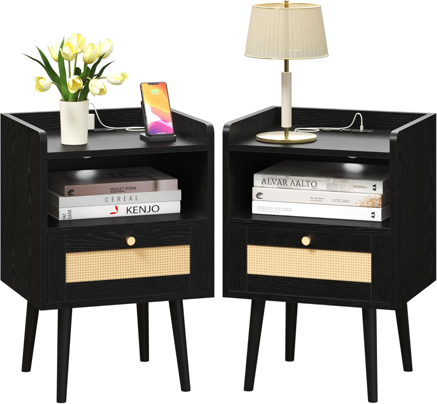 Night Stand Set of 2 with Charging Station for Small Spaces
