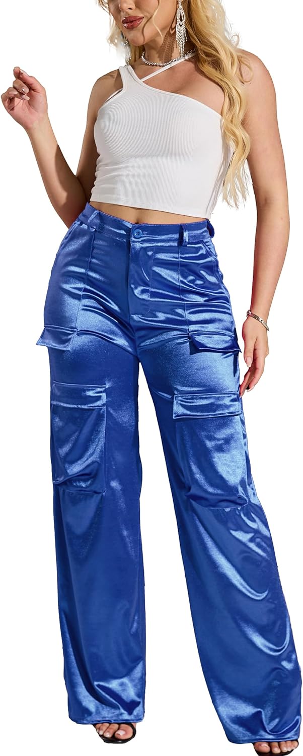 Womens High Waisted Satin Cargo Pants for Trendy Outfits
