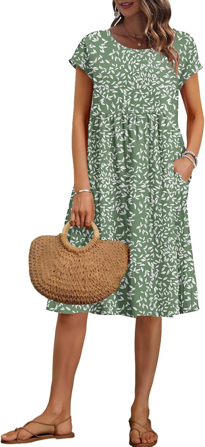 AUSELILY Women's Summer Short Sleeve Knee-Length Dress with Pockets