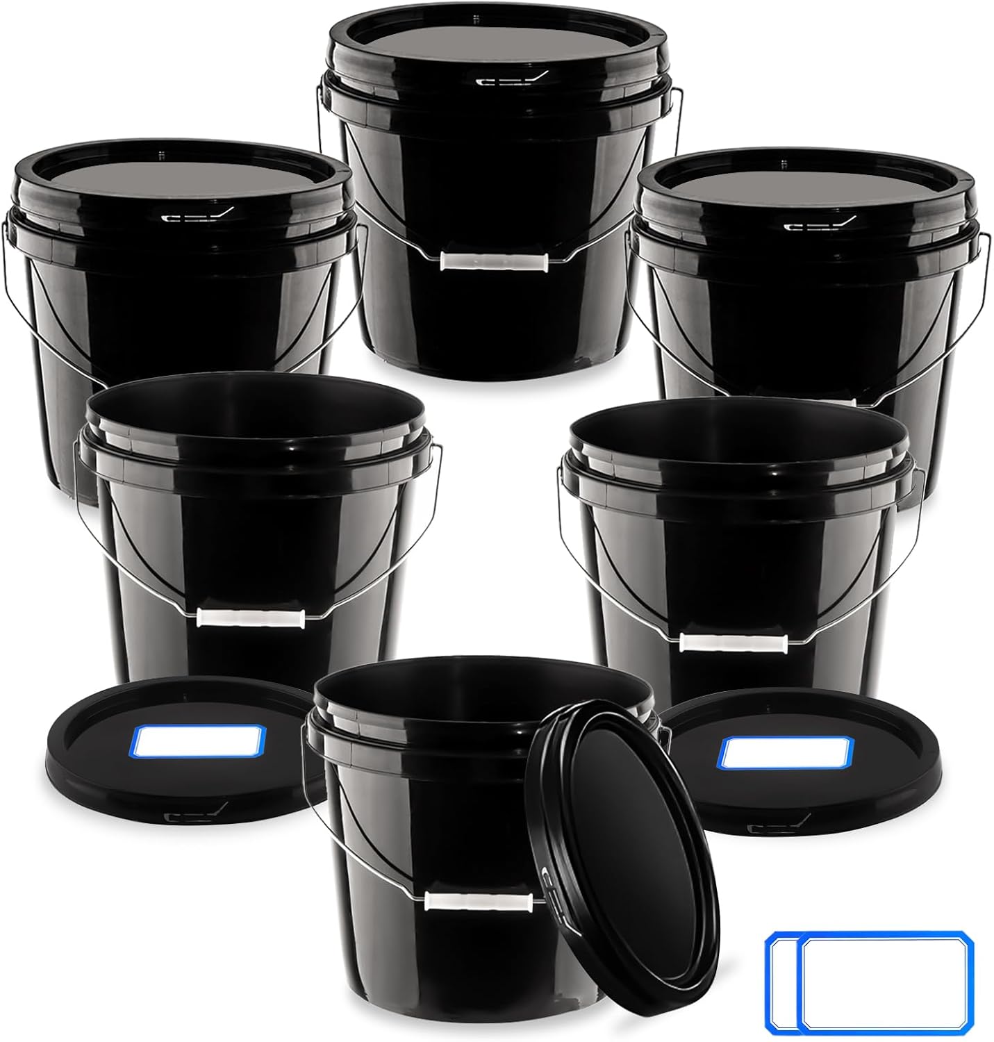 2 Gallon Black Bucket Set of 6 with Lid and Handle for Storage