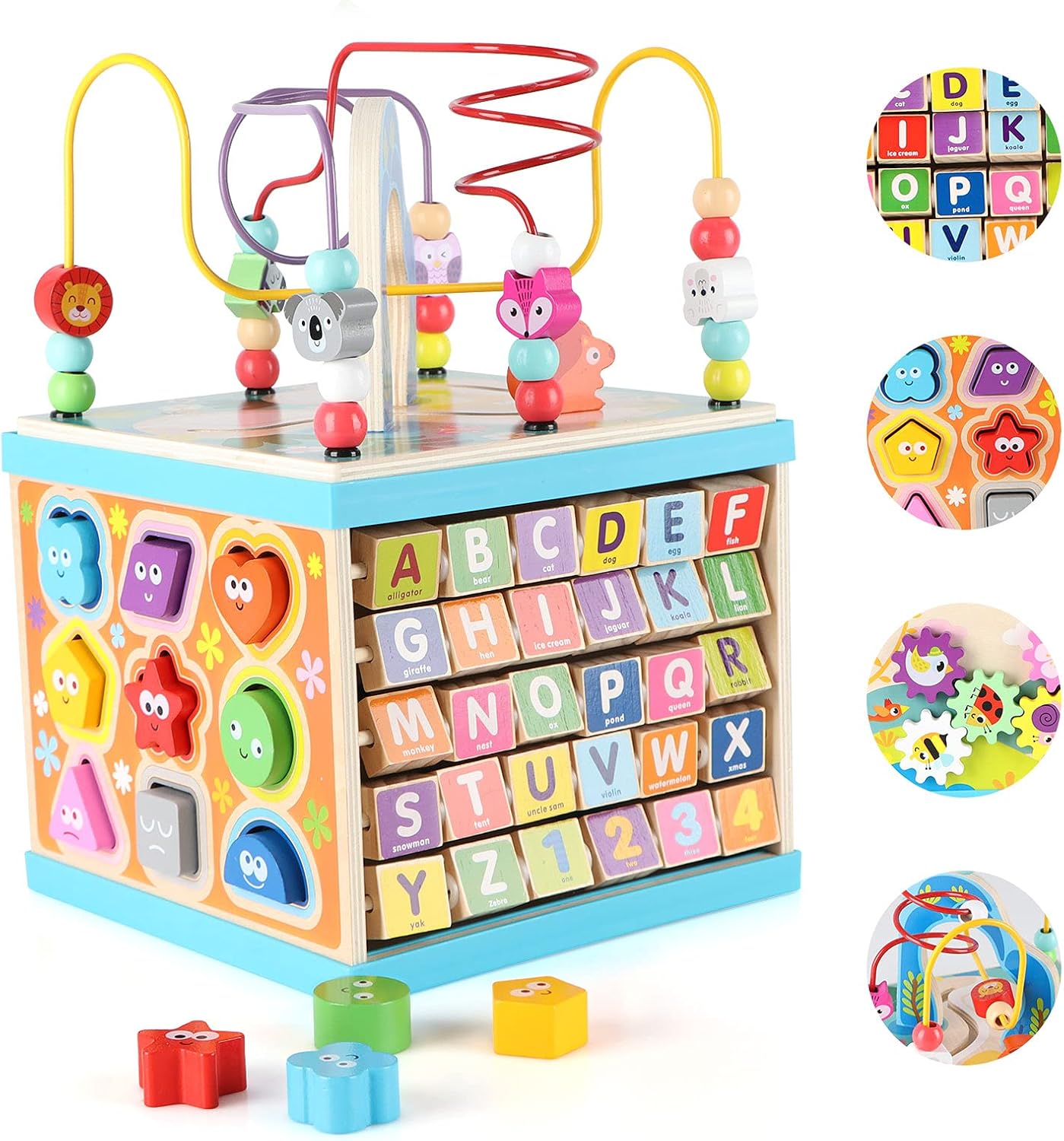 Qilay Wooden Activity Cube for Toddlers - 5 in 1 Educational Toy