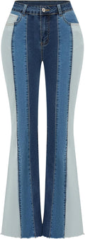THUNDER STAR Women Patchwork Flare Jeans High Waisted Bell Bottom belt