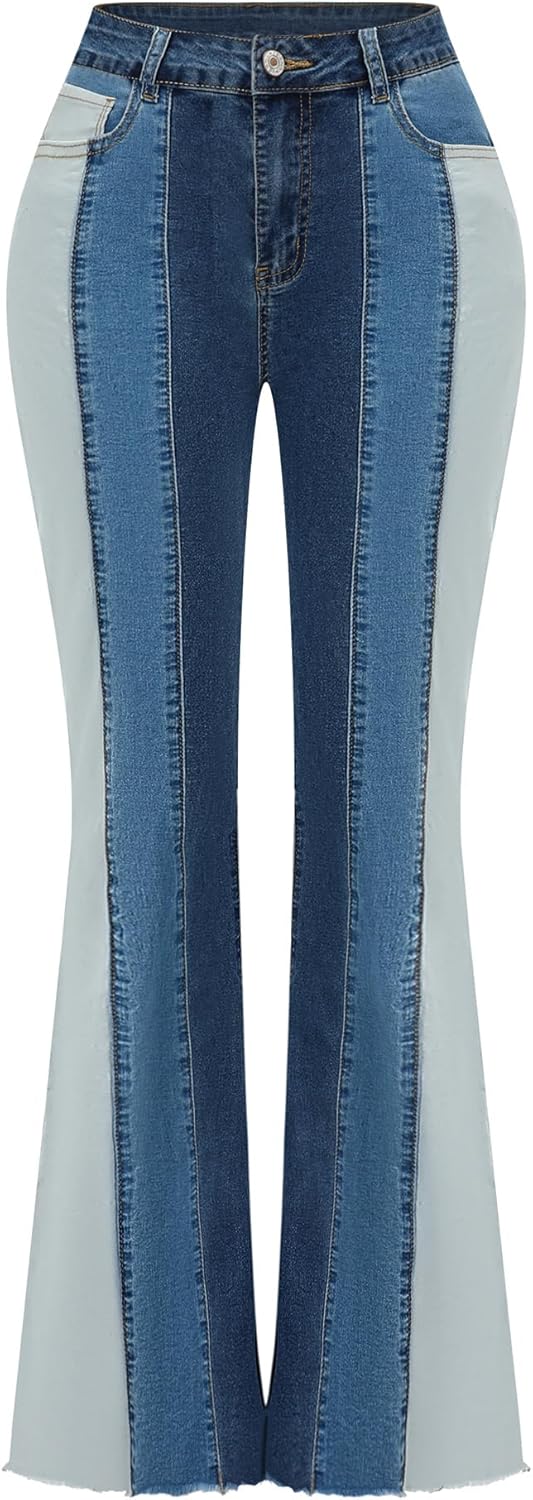 Patchwork Flare Jeans for Women - High Waisted Bell Bottom Style