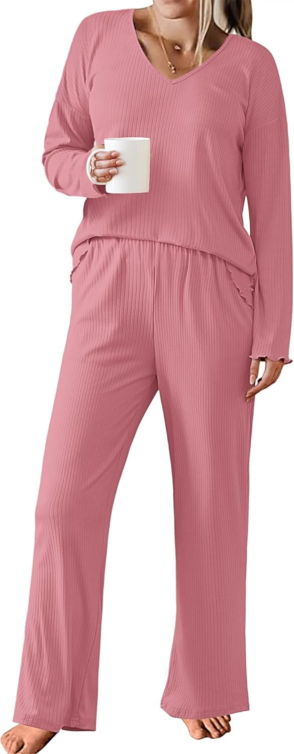Ekouaer Womens Ribbed Knit Pajamas Set for Ultimate Comfort
