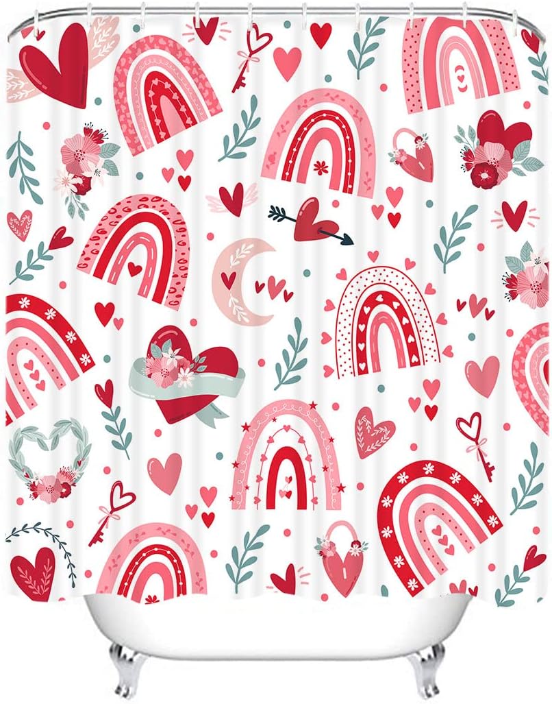Valentine's Day Rainbow Heart Shower Curtain Set - Durable Fabric, Machine Washable