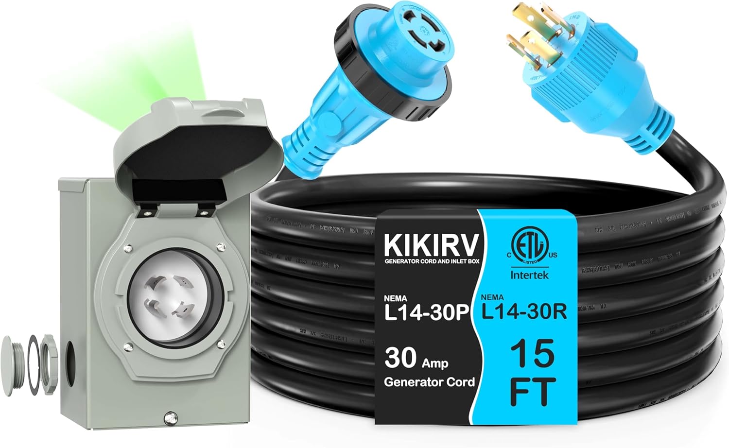 15 Feet 30 Amp Generator Cord and Power Inlet Box Combo Kit