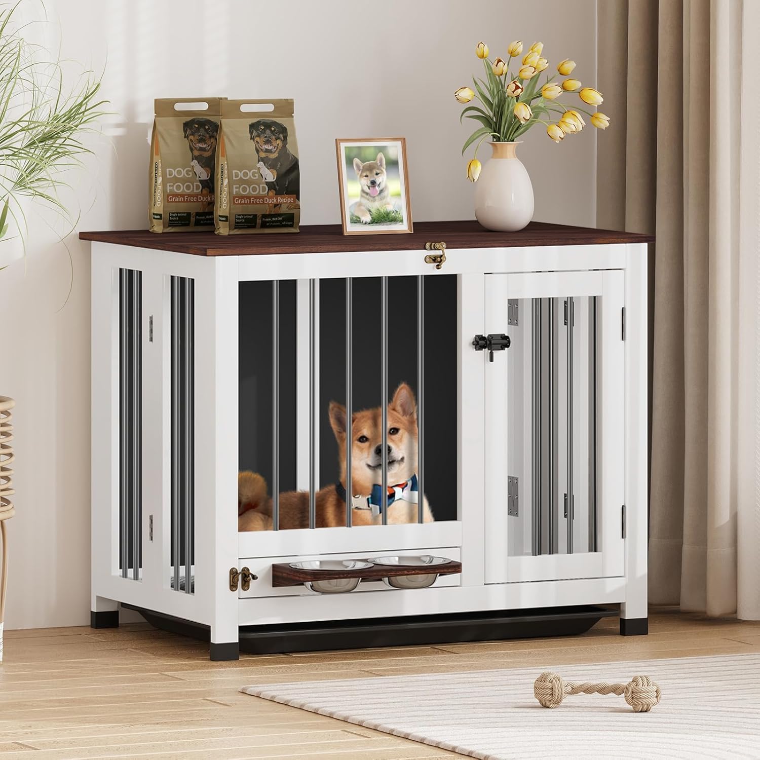 Stylish Wooden Dog Crate Furniture with Removable Tray & Feeder