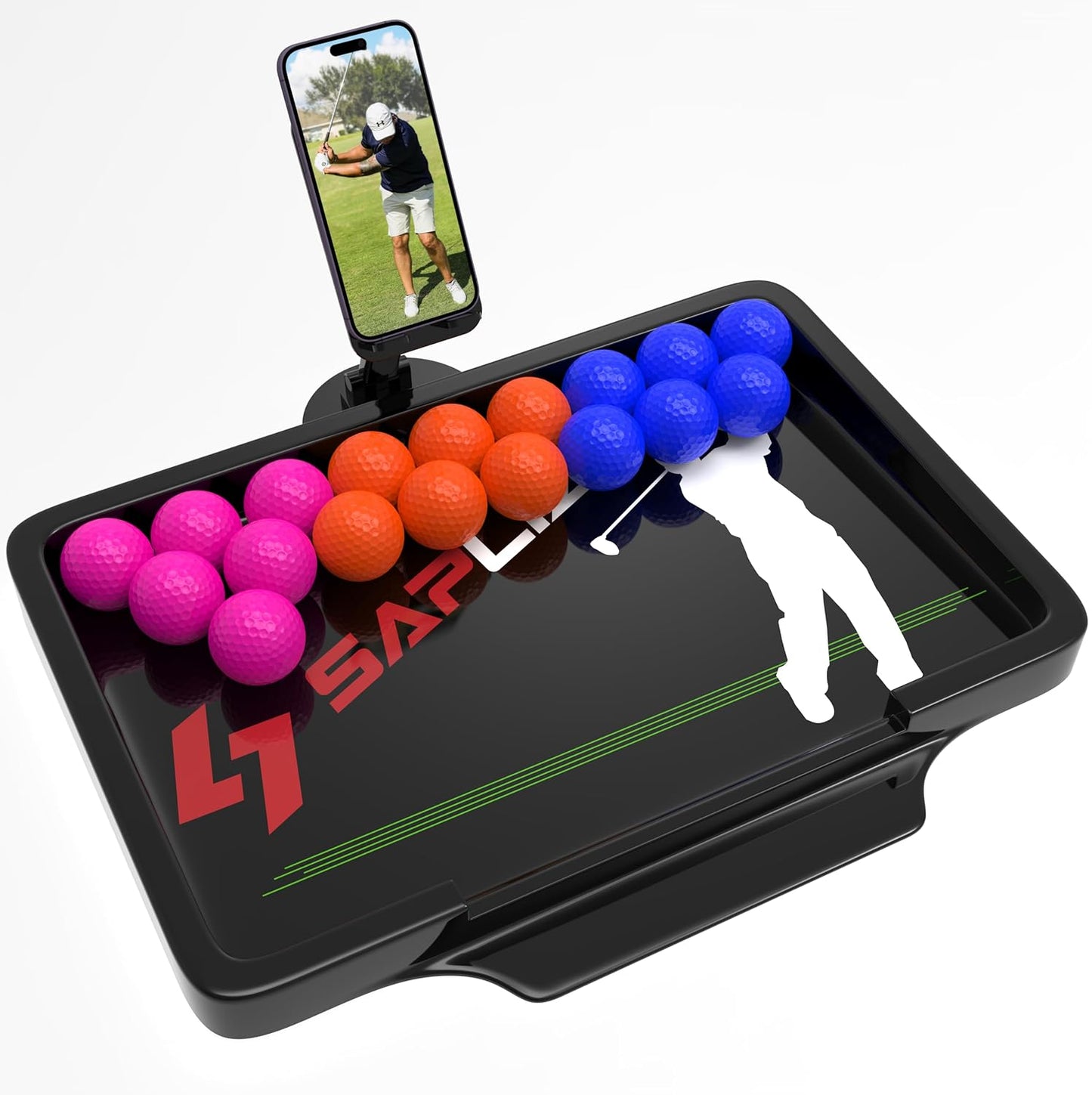 SAPLIZE Golf Ball Tray: 53 Ball Capacity, Phone Holder, Ideal for Recording Swing