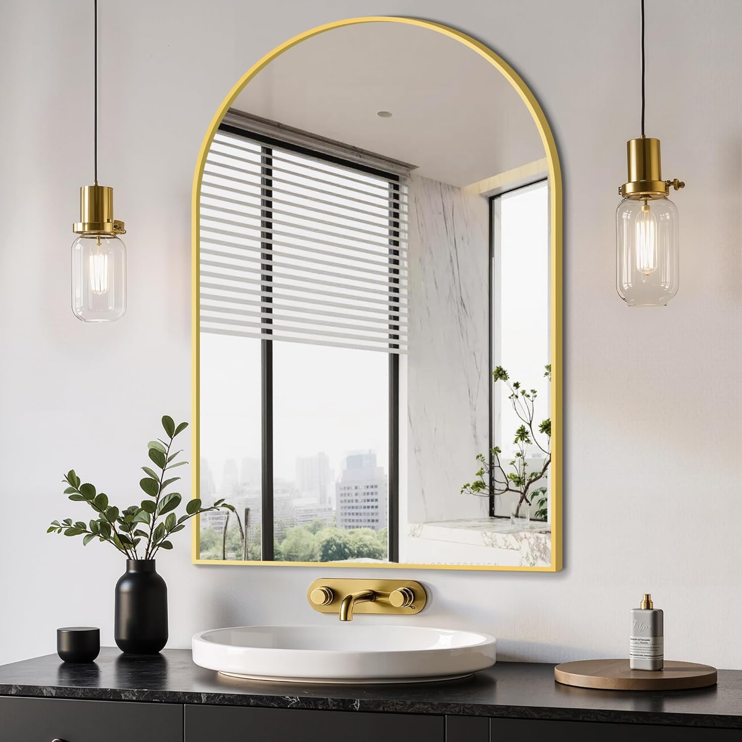 Delma Arched Bathroom Mirror - Elegant Gold Vanity Mirror