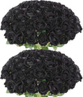 60 Pcs Artificial Velvet Black Roses Bulk - Lifelike Long-Stem Bouquet
