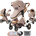 2 in 1 Baby Stroller Khaki - One Click Folding Convertible Newborn