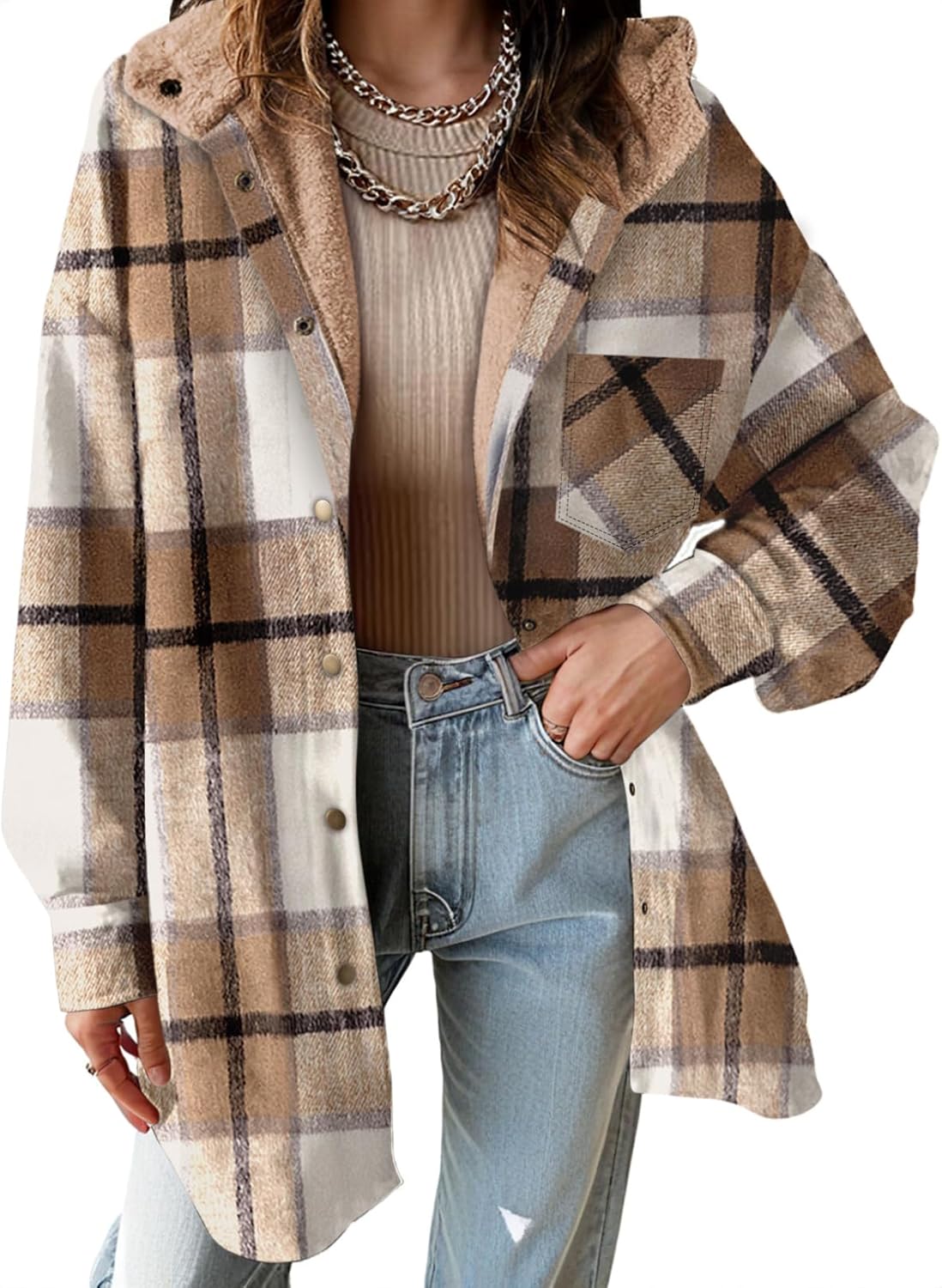 Dokotoo Women's Flannel Hooded Plaid Shacket for Winter Warmth