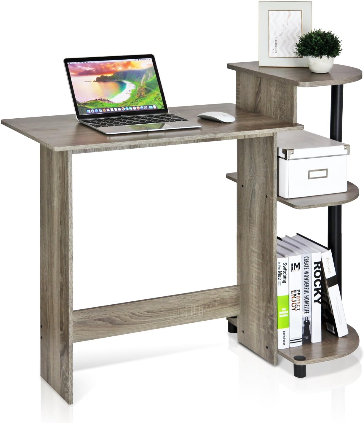 Furinno Compact Computer Desk with Shelves in French Oak Grey