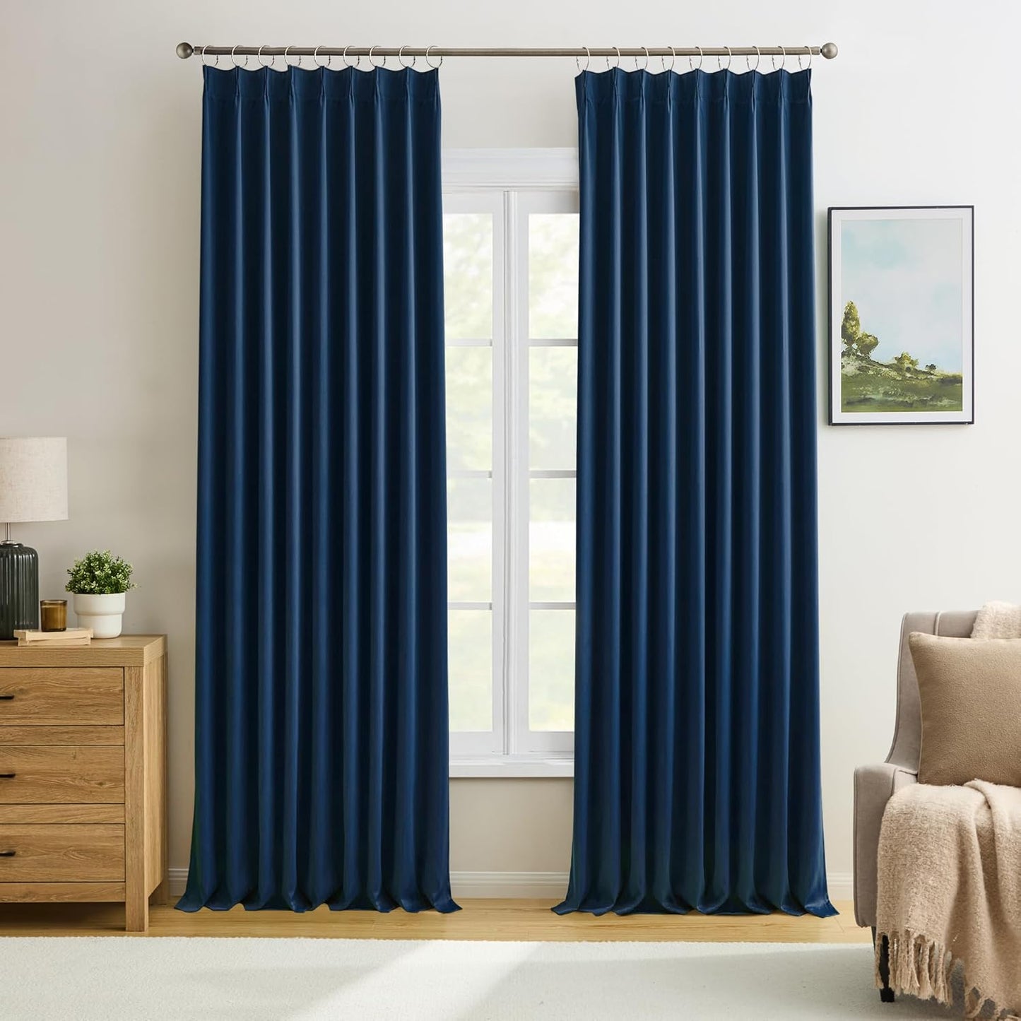 KEQIAOSUOCAI Navy Blue Pleat Wide Drapes for Sliding Doors