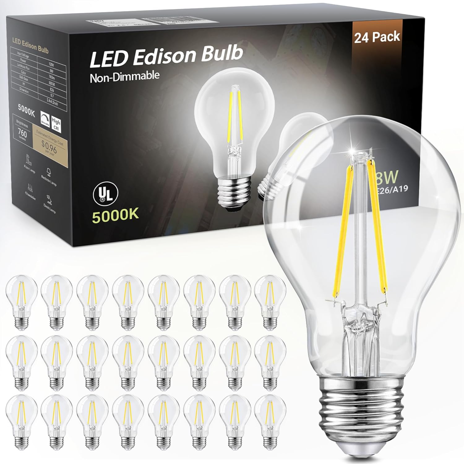TJOY Vintage LED Edison Bulbs - 24 Pack, 60W Equivalent Brightness