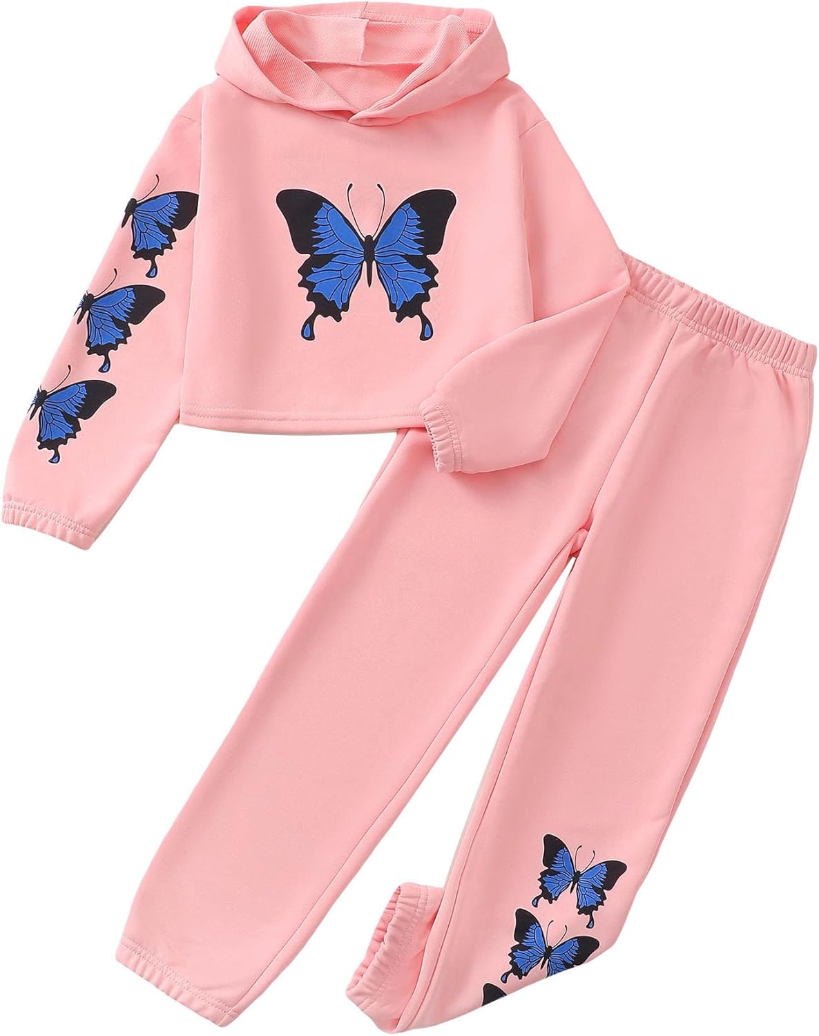 Girls' Butterfly Print Crop Top Hoodie and Sweatpants Set