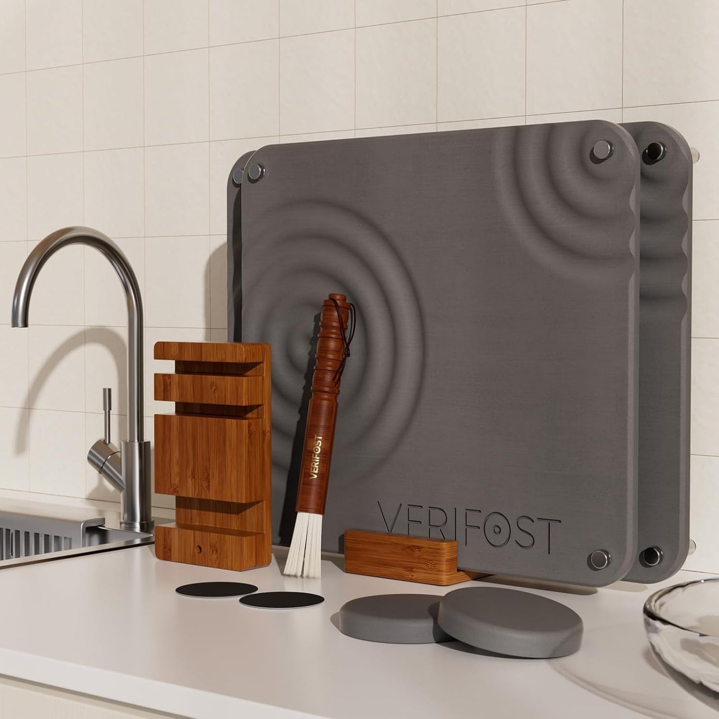 VERIFOST Large Gray Stone Dish Drying Mat with Acacia Wood Holder