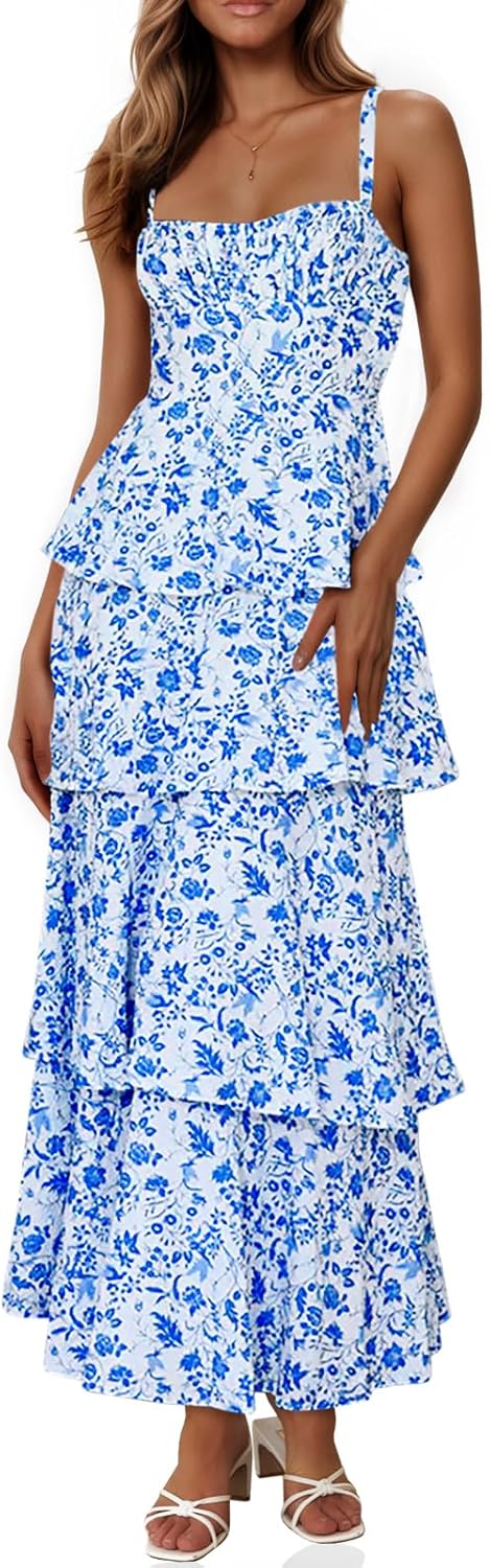 Womens Summer Floral Maxi Dresses with Ruffle Tiered Design