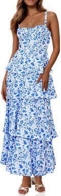Fisoew Womens Floral Maxi Dress Spaghetti Strap Tiered Ruffle - Flowy