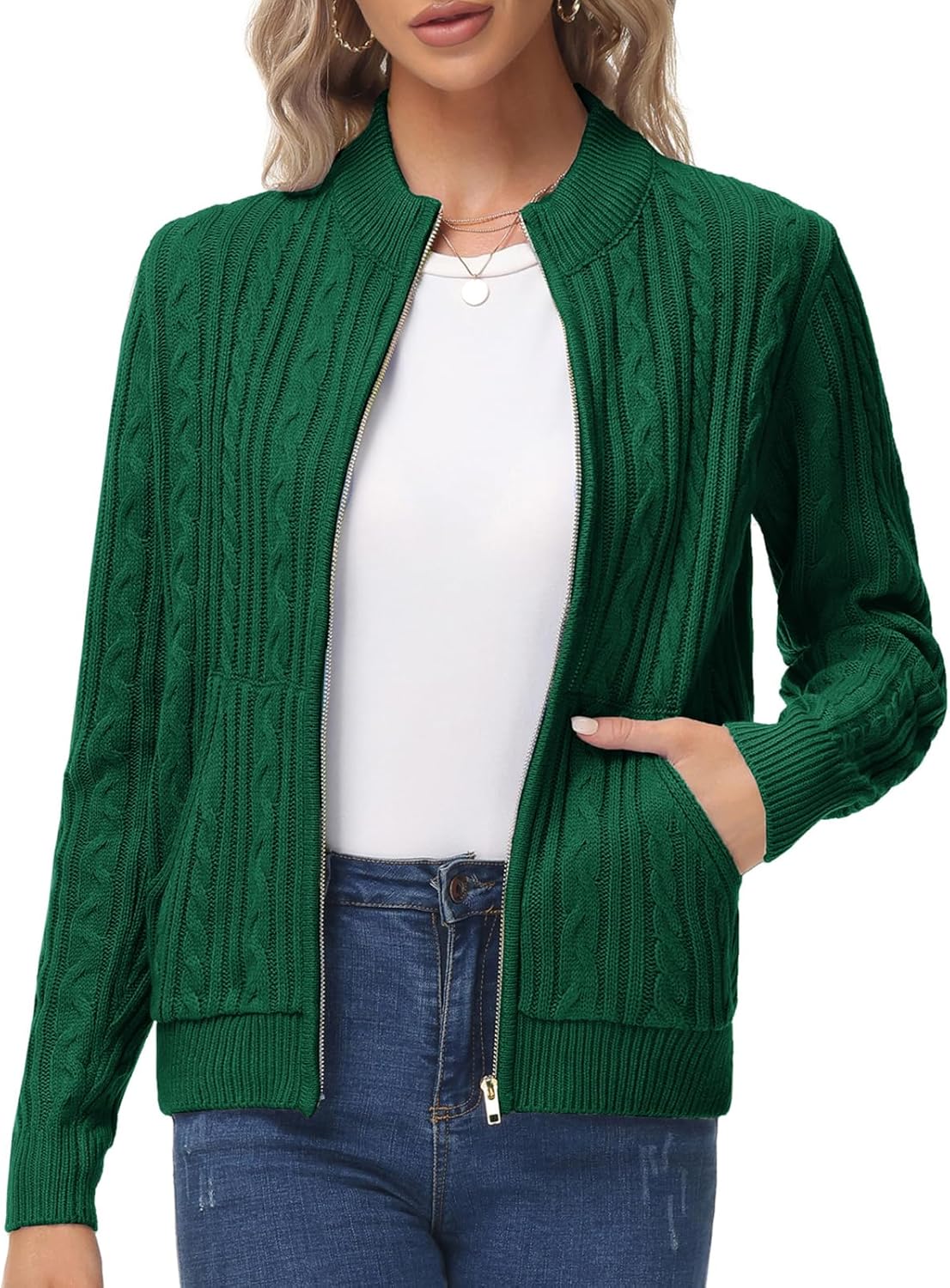 KANCY KOLE Women's Zip Up Cable Knit Sweater Cardigan with Pockets