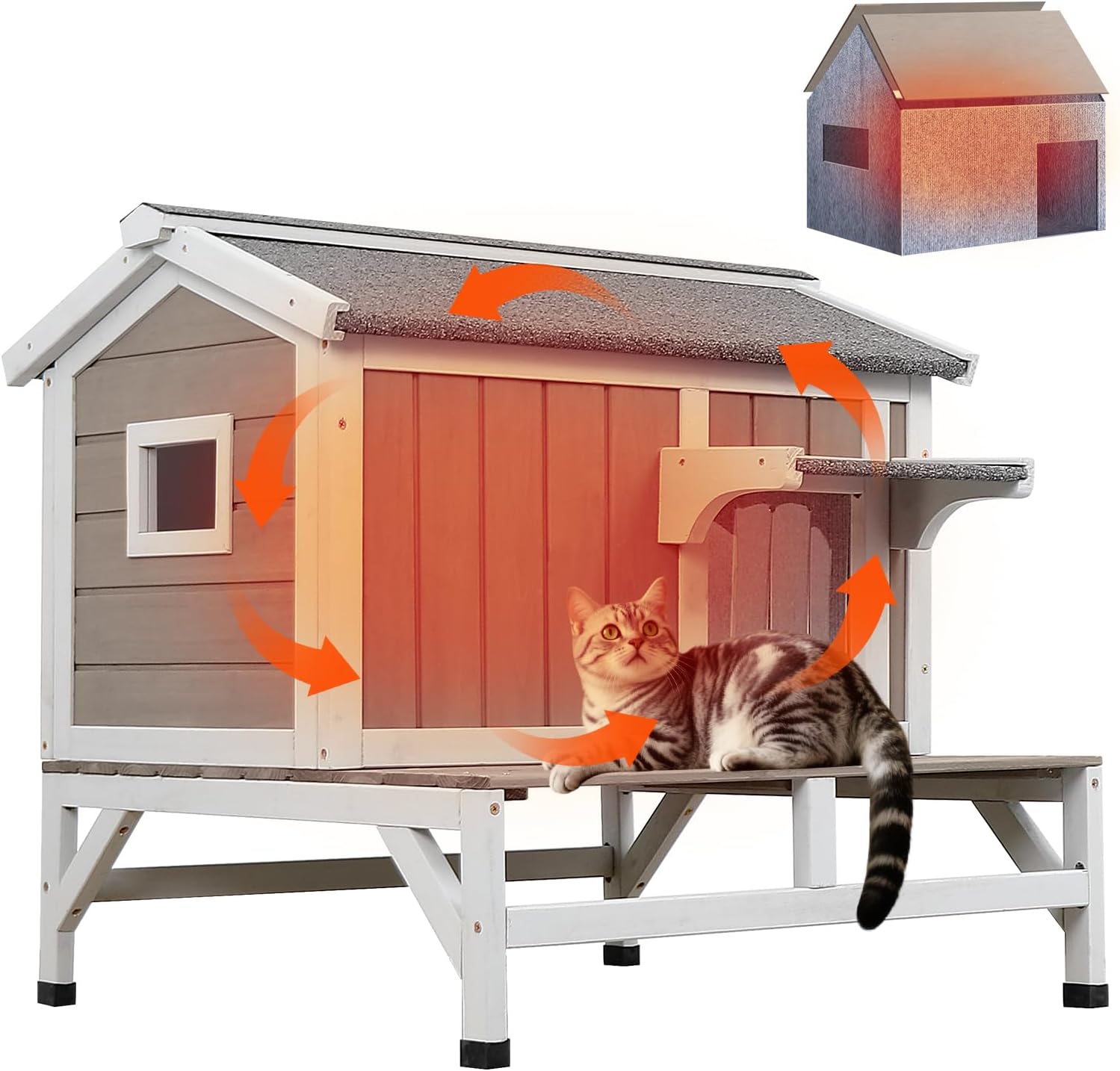 Insulated Cat House Outdoor with Balcony for Winter Comfort