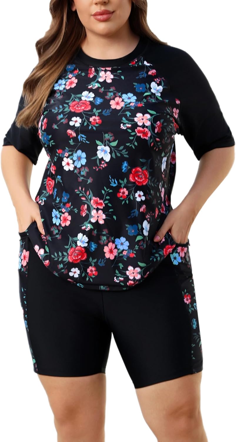 Halcurt Women's Plus Built in Bra Rash Guard Two Piece Set