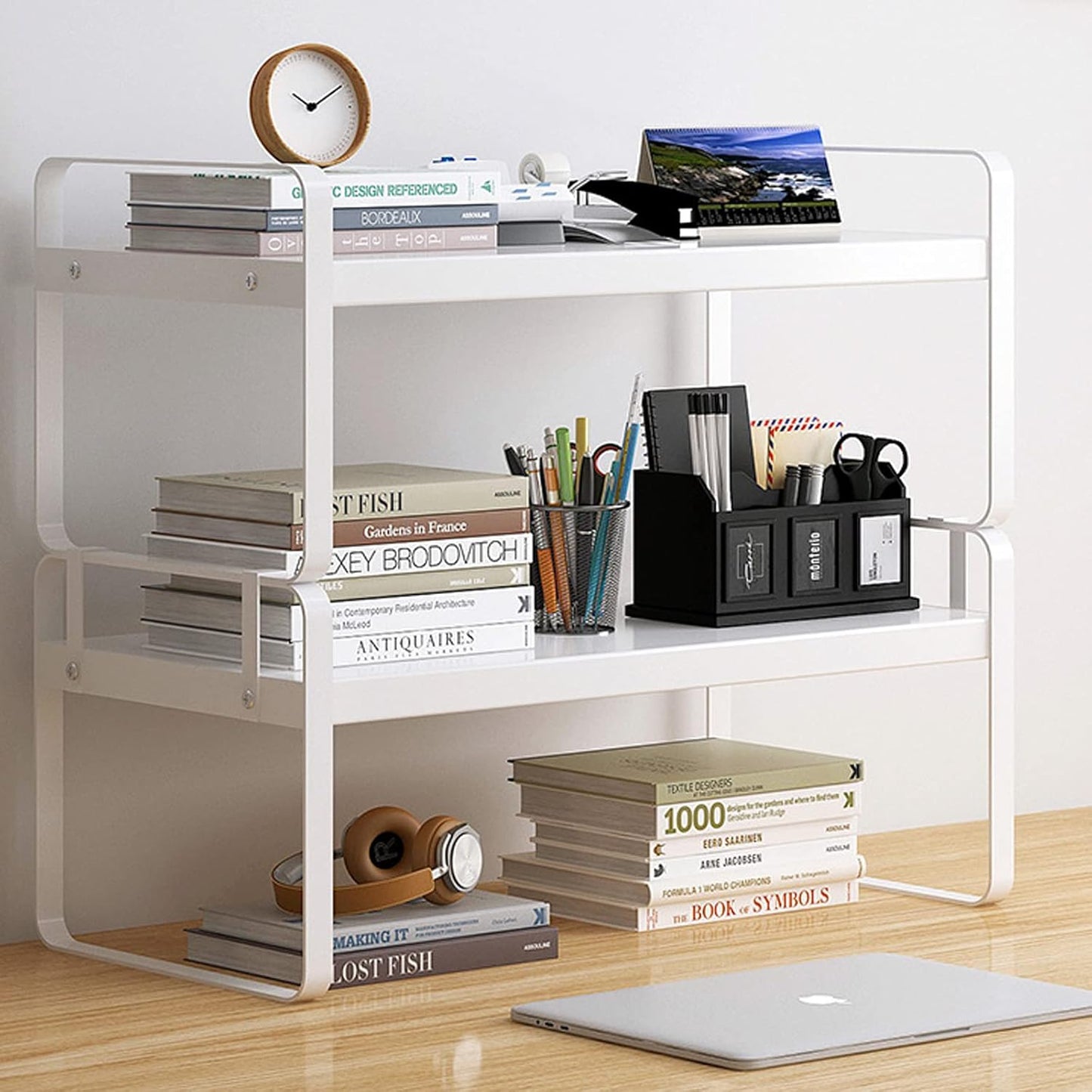 Double Tier Wood Desk Organizer - Stylish Storage Solution