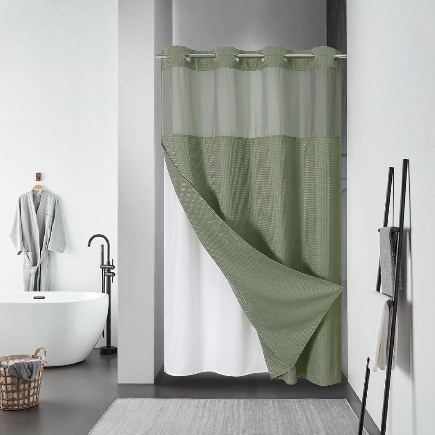 Stall SageGreen Waffle Weave Shower Curtain with Snap-In Liner