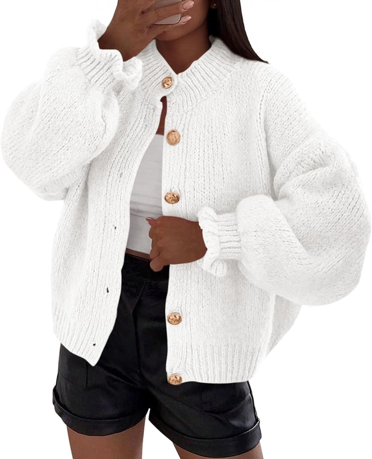 Trendy Ruffle Open Front Chunky Knit Sweater for Women