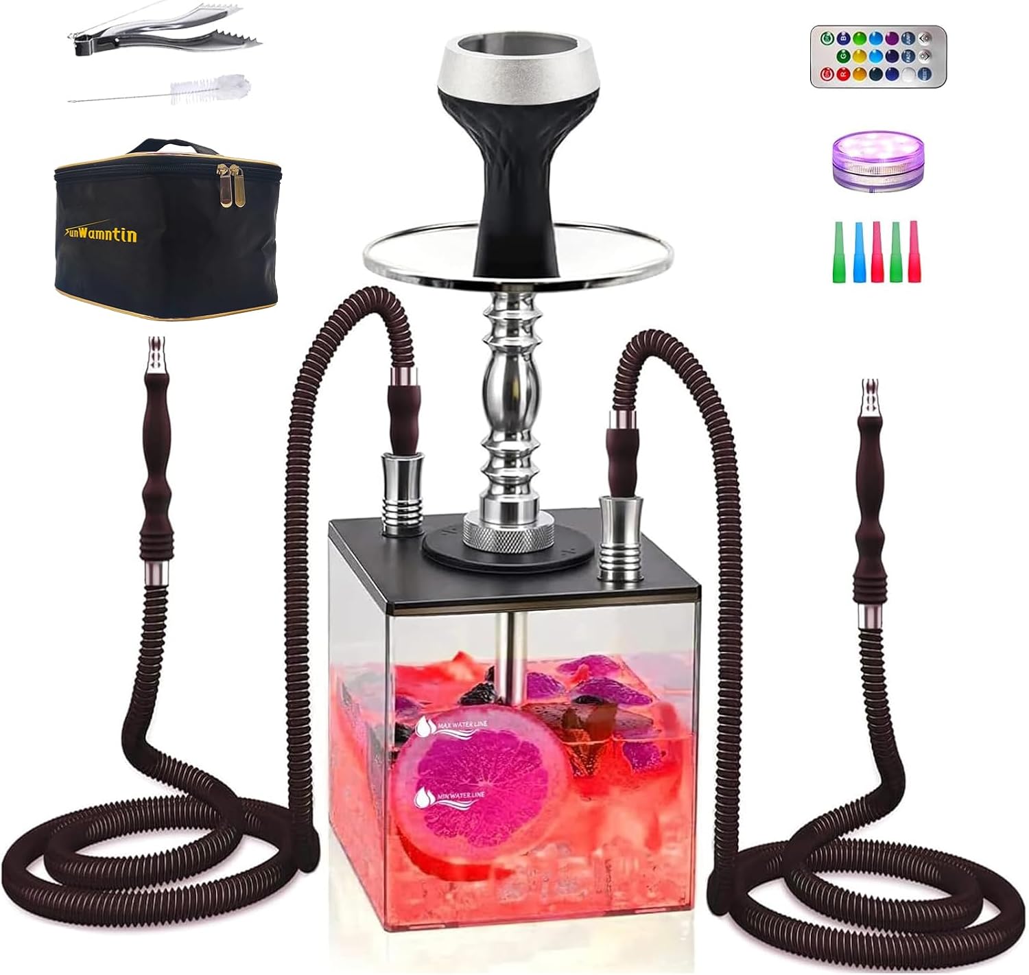 2 Hose Large Hookah Set with LED Base and Portable Bag